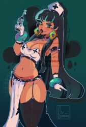 Rule 34 | 1girl, black hair, black thighhighs, blush, bracelet, breasts, brown eyes, chain, chel (the road to el dorado), choker, cleavage, collarbone, cresscin, cross print, dark skin, dreamworks, earrings, garter belt, garter straps, gloves, green background, hat, highres, holding, jewelry, large breasts, long hair, looking at viewer, midriff, navel, nurse cap, pelvic curtain, print shirt, shirt, smile, spiked choker, spikes, standing, strapless, syringe, the road to el dorado, thick thighs, thighhighs, thighs, tube top, white gloves, white hat, white shirt, wide hips