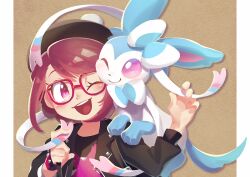 Rule 34 | 1girl, ;), ;d, alternate color, black hat, black jacket, blush, creatures (company), eyelashes, game freak, gen 6 pokemon, glasses, gloria (pokemon), hands up, hat, jacket, long sleeves, looking at another, nintendo, on shoulder, one eye closed, open clothes, open jacket, open mouth, pink eyes, pokemon, pokemon (creature), pokemon on shoulder, pokemon swsh, purple hair, red-framed eyewear, round teeth, shiny pokemon, short hair, smile, solo, sylveon, tam o&#039; shanter, teeth, ukata, upper teeth only