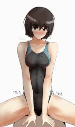 Rule 34 | 1girl, absurdres, amagami, artist name, black hair, black one-piece swimsuit, blue one-piece swimsuit, blush, breasts, breasts squeezed together, brown eyes, cleavage, closed mouth, collarbone, commentary, competition school swimsuit, competition swimsuit, covered navel, cowgirl position, feet out of frame, frottage, girl on top, grinding, gyuunyuu pack (tanaka), hair between eyes, hands on another&#039;s stomach, highleg, highleg swimsuit, highres, light smile, looking at viewer, medium breasts, nanasaki ai, nose blush, one-piece swimsuit, pov, pov crotch, school swimsuit, short hair, signature, simple background, sitting, sitting on person, smile, solo focus, spread legs, straddling, swimsuit, translated, two-tone swimsuit, v arms, wet, white background, wide spread legs