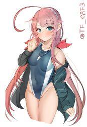 Rule 34 | 1girl, absurdres, alternate costume, blue eyes, blue one-piece swimsuit, blush, collarbone, competition swimsuit, covered navel, green jacket, hair flaps, hair ribbon, hairband, highleg, highleg swimsuit, highres, jacket, kantai collection, kawakaze (kancolle), long hair, looking at viewer, low twintails, multicolored clothes, multicolored swimsuit, one-piece swimsuit, red hair, ribbon, simple background, smile, solo, swimsuit, tf cafe, twintails, twitter username, two-tone swimsuit, very long hair, whistle, whistle around neck, white background