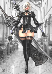 Rule 34 | 1girl, blindfold, blue eyes, boots, breasts, broadsword, cleavage, cleavage cutout, clothing cutout, dress, eyepatch, gloves, indoors, katana, kyo, kyo (osaka), lipstick, looking at viewer, makeup, nier (series), nier:automata, short dress, solo, sword, thick thighs, thigh boots, thighhighs, thighhighs under boots, thighs, weapon, white hair, 2b (nier:automata)