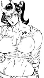 Rule 34 | 1girl, 666, abs, bb (baalbuddy), belt, breasts, cleavage, collarbone, crop top, demon girl, demon horns, glasses, greyscale, groin, horns, large breasts, long sleeves, looking at viewer, midriff, monochrome, muscular, muscular female, navel, original, pants, panty straps, pointy ears, ponytail, simple background, solo, tattoo, upper body, white background, wide hips