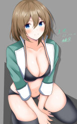 Rule 34 | 1girl, abataa, absurdres, bikini, black bikini, black thighhighs, blue eyes, blush, breasts, brown hair, character name, cleavage, dated, green jacket, hair between eyes, highres, jacket, kantai collection, large breasts, looking at viewer, maya (kancolle), open clothes, open jacket, short hair, signature, smile, solo, swimsuit, thighhighs