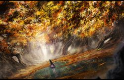 Rule 34 | 1girl, autumn leaves, bad id, bad pixiv id, black hair, blurry, depth of field, dress, dutch angle, from behind, letterboxed, long hair, original, outdoors, ripples, scenery, sleeves past wrists, solo, standing, tree, very long hair, wading, water, zennmai siki