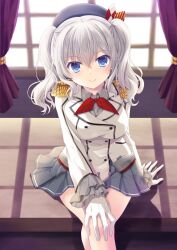 Rule 34 | 1girl, arm at side, backlighting, black headwear, blue eyes, blush, breasts, closed mouth, commentary request, crossed bangs, desk, feet out of frame, from above, gloves, grey hair, grey skirt, hair between eyes, hand on own knee, highres, indoors, jacket, kantai collection, kashima (kancolle), kokonobi, large breasts, long hair, long sleeves, looking at viewer, miniskirt, neckerchief, on desk, pleated skirt, red neckerchief, sitting, on desk, skirt, smile, solo, straight-on, twintails, wavy hair, white gloves, white jacket, window
