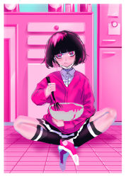 Rule 34 | 1girl, :p, black hair, bowl, female focus, highres, limited palette, looking at viewer, mask, mouth mask, nikubou maranoshin, original, pink eyes, short hair, sitting, solo, surgical mask, tongue, tongue out, whisk
