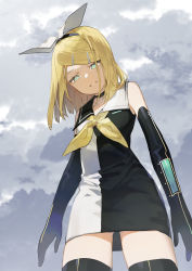 Rule 34 | 1girl, absurdres, aqua eyes, bare shoulders, black dress, black gloves, blonde hair, bow, cloud, cloudy sky, collared dress, dot pupils, dress, elbow gloves, from below, gloves, hair bow, highres, kagamine rin, light smile, looking down, neckerchief, parted lips, roshin yuukai (vocaloid), sky, solo, standing, two-tone dress, vocaloid, white bow, white dress, yamada ichi, yellow neckerchief