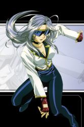 Rule 34 | 1990s (style), 1girl, artist request, belt, breasts, burn-up, burn-up excess, choker, cleavage, fingerless gloves, glasses, gloves, grey hair, long hair, pants, retro artstyle, ruby (burn-up), shiny clothes, shirt, smile, solo, sunglasses, tight clothes, tight pants, tight shirt, visor