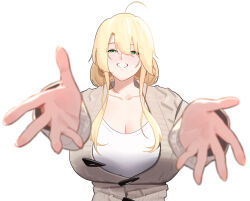Rule 34 | 1girl, absurdres, ahoge, artoria pendragon (fate), artoria pendragon (lancer) (fate), blurry, blurry foreground, breasts, casual, fate/grand order, fate (series), green eyes, grey sweater, hair between eyes, hair down, highres, large breasts, long sleeves, looking at viewer, n.e (sakura-233), open sweater, outstretched arms, presenting, reaching, reaching towards viewer, shirt, sidelocks, simple background, smile, solo, sweater, swept bangs, upper body, white background, white shirt