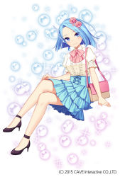 Rule 34 | 1girl, bag, blouse, blue eyes, blue hair, blue skirt, blush, character request, closed mouth, commentary request, crossed legs, ear ornament, flower, full body, gothic wa mahou otome, hair flower, hair ornament, high heels, highres, jenevan, looking at viewer, official art, pink flower, pink ribbon, pink rose, puffy sleeves, pumps, ribbon, rose, shirt, short hair, short sleeves, shoulder bag, sitting, skirt, smile, solo, watermark, white background, white shirt