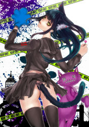 Rule 34 | 1girl, animal ears, animal hands, ass, bad id, bad pixiv id, black hair, blunt bangs, candy, cat ears, cat tail, caution tape, clothes lift, earrings, envy cat walk (vocaloid), eyelashes, food, from behind, gloves, highres, jewelry, keep out, lips, lollipop, long hair, looking at viewer, looking back, panties, paw gloves, sailor collar, school uniform, serafuku, skindentation, skirt, skirt lift, slit pupils, solo, standing, stuffed animal, stuffed toy, tail, tcb, thighhighs, thong, underwear, upskirt, vocaloid, yellow eyes