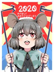 Rule 34 | 1girl, 2020, animal ears, blue capelet, breasts, buck teeth, capelet, crystal, dowsing rod, dress, grey dress, grey hair, happy new year, holding, jewelry, long sleeves, mouse ears, mouse girl, nazrin, new year, open mouth, papaya (neopapaya2020), pendant, red eyes, rising sun flag, round teeth, shirt, short hair, small breasts, sunburst, teeth, touhou, translation request, upper teeth only, white shirt