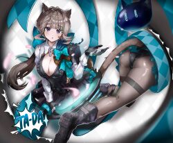 1girl absurdres animal_ears ass black_dress black_footwear black_gloves boots breasts cat_ears cat_tail cleavage commentary dress facial_mark genshin_impact gloves grey_hair hand_up highres large_breasts long_hair looking_at_viewer lynette_(genshin_impact) multiple_views pantyhose parted_lips purple_eyes scup short_dress shrug_(clothing) star_(symbol) tail thighband_pantyhose very_long_hair