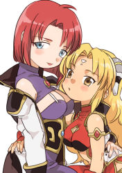 Rule 34 | 2girls, arm around waist, armlet, bare arms, blonde hair, blue eyes, blush, breasts, brown eyes, china dress, chinese clothes, cleavage, dress, facial mark, forehead mark, forte stollen, galaxy angel, hair ornament, hakinikui kutsu no mise, large breasts, long hair, long sleeves, medium breasts, multiple girls, off shoulder, ranpha franboise, red hair, short hair, simple background, smile, white background, yuri