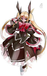 Rule 34 | 1girl, absurdres, black capelet, black shirt, black skirt, blazblue, blonde hair, bow, bowtie, capelet, closed mouth, cross, frilled skirt, frilled sleeves, frills, frown, full body, hair ribbon, highres, ichirugi, long hair, long sleeves, parted bangs, popped collar, rachel alucard, red bow, red bowtie, red eyes, ribbon, shirt, simple background, skirt, slit pupils, solo, twintails, very long hair, white background, wide sleeves