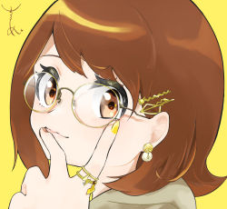 Rule 34 | 1girl, bespectacled, bob cut, brown eyes, brown hair, brown nails, closed mouth, commentary request, creatures (company), earrings, eyelashes, game freak, glasses, gloria (pokemon), hair ornament, hairclip, hand up, highres, jewelry, nail polish, nintendo, pokemon, pokemon swsh, portrait, ring, simple background, solo, surumeika (ninfiiiir), yellow-framed eyewear, yellow background, yellow nails