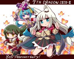 Rule 34 | 3girls, 7th dragon (series), 7th dragon 2020, 7th dragon 2020-ii, :o, anniversary, black footwear, black legwear, black skirt, blue bow, blue cape, blue eyes, blue hair, boots, bow, braid, brown eyes, brown jacket, cape, character request, chelsea (7th dragon), closed mouth, colored eyelashes, commentary request, floro (7th dragon), flower, green hair, hacker (7th dragon), hair between eyes, hair bow, highres, holding, holding stuffed toy, jacket, knee boots, long sleeves, lucier (7th dragon), multiple girls, naga u, orange flower, pink jacket, pleated skirt, purple eyes, red serafuku, red shirt, red skirt, sailor collar, samurai (7th dragon), school uniform, serafuku, shirt, shoes, short eyebrows, skirt, sleeves past wrists, smile, striped, striped bow, stuffed animal, stuffed rabbit, stuffed toy, thick eyebrows, thighhighs, v-shaped eyebrows, white hair, white sailor collar, white shirt