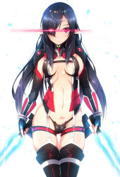 Rule 34 | 1girl, breasts, cameltoe, dual wielding, elbow gloves, elf, energy sword, garter straps, gloves, glowing, glowing eye, gluteal fold, hair over one eye, holding, looking at viewer, original, pointy ears, red eyes, ripe.c, solo, sword, thighhighs, weapon