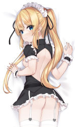Rule 34 | 1girl, ass, black ribbon, blonde hair, blue eyes, breasts, closed mouth, dead or alive, from behind, hair ribbon, highres, long hair, looking at viewer, maid headdress, marie rose, minutachi, nipples, puffy short sleeves, puffy sleeves, ribbon, short sleeves, small breasts, thighhighs, twintails, white thighhighs, wrist cuffs