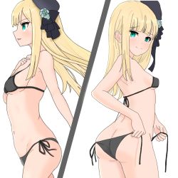 Rule 34 | 1girl, absurdres, ass, atsumisu, bad id, bad pixiv id, bare arms, bare shoulders, beret, bikini, black bikini, black headwear, black ribbon, blonde hair, blush, breasts, butt crack, closed mouth, commentary request, fate (series), flower, green eyes, green flower, groin, hair flower, hair ornament, hat, highres, long hair, looking at viewer, looking back, lord el-melloi ii case files, multiple views, navel, profile, reines el-melloi archisorte, ribbon, side-tie bikini bottom, small breasts, smile, swimsuit, tilted headwear, untied bikini, white background