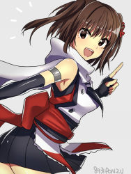Rule 34 | 10s, 1girl, 8931ponzu, :d, artist name, bare shoulders, brown eyes, brown hair, fingerless gloves, gloves, kantai collection, lipstick, looking at viewer, makeup, open mouth, pointing, scarf, sendai (kancolle), smile, solo, two side up