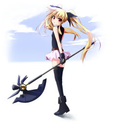 Rule 34 | 10s, 1girl, bardiche (axe form) (nanoha), bardiche (nanoha), blonde hair, blush, fate testarossa, fate testarossa (movie 1st form), female focus, flat chest, full body, gloves, grune, hair ribbon, highres, long hair, looking back, lyrical nanoha, mahou shoujo lyrical nanoha, mahou shoujo lyrical nanoha the movie 1st, outdoors, red eyes, ribbon, sky, solo, thighhighs, twintails, weapon, white background