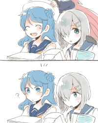 Rule 34 | 10s, 2koma, 3girls, :d, ?, ^ ^, bare shoulders, blue eyes, blue hair, blush, closed eyes, comic, double bun, hair bun, hair ornament, hair over one eye, hairclip, hamakaze (kancolle), hat, itomugi-kun, kantai collection, long hair, long sleeves, looking to the side, multiple girls, open mouth, out of frame, papers, pink hair, sailor hat, school uniform, serafuku, short hair, silver hair, simple background, smile, unworn hat, unworn headwear, urakaze (kancolle), uzuki (kancolle), white background, white hat