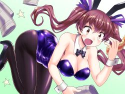 Rule 34 | 1girl, alternate costume, animal ears, ass, bare arms, bare shoulders, black footwear, black pantyhose, blush, bow, bowtie, breasts, brown eyes, brown hair, cellphone, cleavage, collarbone, commentary request, detached collar, fake animal ears, gradient background, green background, hair between eyes, hair ribbon, hand up, hanging breasts, high heels, highres, himekaidou hatate, holding, holding newspaper, holding phone, honeycomb (pattern), leotard, long hair, medium breasts, mono (moiky), newspaper, pantyhose, phone, playboy bunny, purple bow, purple ribbon, rabbit ears, ribbon, shiny clothes, solo, star (symbol), sweat, thighs, touhou, tripping, twintails, v-shaped eyebrows, white background, wing collar, wrist cuffs