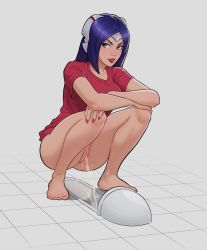 Rule 34 | 1girl, anonbardos, blue eyes, bottomless, headband, highres, irelia, league of legends, looking to the side, nail polish, open mouth, peeing, purple hair, pussy, red shirt, shirt, smile, squatting, t-shirt, toilet use, uncensored