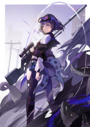 Rule 34 | 1girl, absurdres, andreana (arknights), andreana (elite ii) (arknights), arknights, blunt bangs, feet out of frame, from behind, fur trim, goggles, goggles on head, gun, highres, hip vent, holding, holding gun, holding weapon, long sleeves, looking at viewer, looking back, pants, purple eyes, purple hair, rifle, short hair, sniper rifle, solo, standing, tentacles, torii vita asayoru, weapon