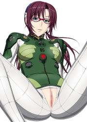 1girl censored female_focus glasses kansuke long_hair makinami_mari_illustrious mecha_pilot_suit neon_genesis_evangelion plugsuit pussy rebuild_of_evangelion solo spread_legs