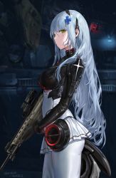 Rule 34 | 1girl, absurdres, assault rifle, black gloves, breasts, closed mouth, cowboy shot, eyebrows hidden by hair, facial mark, from side, girls&#039; frontline, gloves, green eyes, gun, h&amp;k hk416, headgear, highres, hk416 (girls&#039; frontline), hk416 (midnight evangelion) (girls&#039; frontline), holding, holding gun, holding weapon, large breasts, long hair, looking at viewer, looking to the side, machinery, miniskirt, official alternate costume, outdoors, rain, rifle, sawkm, signature, silver hair, skirt, solo, standing, two-tone bodysuit, very long hair, weapon, wet, wet hair, white skirt