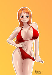 Rule 34 | 1girl, absurdres, arm on waist, belly, bikini, breasts, cleavage, highres, large breasts, long hair, looking at viewer, mr piedra, nami (one piece), one piece, orange background, orange eyes, orange hair, panties, panty pull, pulling own clothes, red bikini, shiny skin, smile, swimsuit, underwear