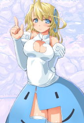 Rule 34 | 1girl, apple inc., bad id, bad pixiv id, bare shoulders, blonde hair, blue eyes, breasts, cat, cleavage, cleavage cutout, clothing cutout, dd (ijigendd), eyepatch, light smile, long hair, looking at viewer, macintosh, muscular, os-tan, os9, panties, pointing, pointing up, skirt, solo, thighhighs, underwear, white panties, white thighhighs