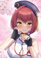 Rule 34 | 1girl, bare shoulders, beret, blush, breasts, cherry blossoms, choker, cleavage, commentary, earrings, fingerless gloves, gloves, hat, heterochromia, highres, hololive, houshou marine, houshou marine (businesswoman), id card, iva23 iva23, jewelry, large breasts, open clothes, open shirt, smile, solo, virtual youtuber