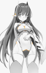 Rule 34 | 1girl, android, bare shoulders, blush, breasts, from below, gluteal fold, greyscale, highleg, highleg leotard, highres, kiiro kimi, leotard, long hair, looking at viewer, medium breasts, monochrome, nintendo, poppi (xenoblade), poppi qtpi (xenoblade), robot ears, smile, solo, thighhighs, white background, xenoblade chronicles (series), xenoblade chronicles 2, xenoblade chronicles (series), xenoblade chronicles 2