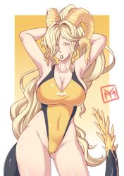 Rule 34 | 1girl, absurdres, armpits, arms behind head, arms up, black one-piece swimsuit, blonde hair, breasts, cleavage, collarbone, colored eyelashes, competition swimsuit, covered navel, dragon horns, dragon tail, elder dragon, high ponytail, highleg, highleg swimsuit, highres, horns, kulve taroth, large breasts, long hair, looking at viewer, monster hunter, monster hunter: world, monster hunter (series), one-piece swimsuit, personification, pointy ears, ponytail, seductive smile, signature, skindentation, smile, solo, swimsuit, tail, two-tone swimsuit, very long hair, wavy hair, yamanata, yellow eyes, yellow one-piece swimsuit