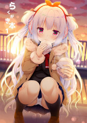 Rule 34 | 1girl, baozi, black shirt, blue skirt, blush, bow, brown jacket, cameltoe, cloud, commentary request, fingernails, food, fur-trimmed jacket, fur-trimmed sleeves, fur trim, hair between eyes, hairband, holding, holding food, jacket, long hair, long sleeves, open clothes, open jacket, original, outdoors, panties, pleated skirt, red bow, red eyes, red hairband, shirt, silver hair, skirt, sky, solo, squatting, sunset, translation request, two side up, underwear, very long hair, white panties, yanase aki