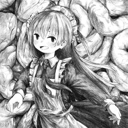 Rule 34 | 1girl, apron, blush, collared dress, cowboy shot, dress, flesh, flesh blood &amp; concrete, floating hair, frilled apron, frills, greyscale, hair ornament, hair scrunchie, highres, intestines, kilsturgeon, long dress, long hair, long sleeves, looking at viewer, monochrome, necktie, nika (flesh blood &amp; concrete), open mouth, scrunchie, sleeve cuffs, smile, solo, two side up