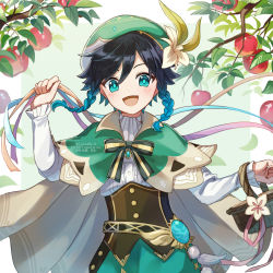 Rule 34 | 1boy, androgynous, apple, basket, beret, black hair, blue hair, blush, bow, braid, brooch, collared cape, collared shirt, commentary request, corset, feathers, flower, food, frilled sleeves, frills, fruit, gem, genshin impact, gradient hair, green background, green eyes, green hat, hat, hat flower, holding, holding ribbon, jewelry, leaf, long sleeves, looking at viewer, male focus, multicolored hair, open mouth, ribbon, shirt, short hair with long locks, side braids, sidelocks, simple background, smile, solo, tamakibi, twin braids, venti (genshin impact), vision (genshin impact), white background, white flower, white shirt