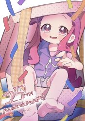 Rule 34 | 1girl, anniversary, blush, box, commentary, confetti, english commentary, gift, gift box, harukaze doremi, highres, hood, hooded jacket, in box, in container, jacket, knees up, long hair, looking at viewer, mo (mo ojmj), no shoes, ojamajo doremi, open mouth, pink eyes, pink hair, pink shirt, pink thighhighs, purple jacket, shirt, short sleeves, sitting, sleeveless, sleeveless jacket, smile, soles, solo, thighhighs, very long hair
