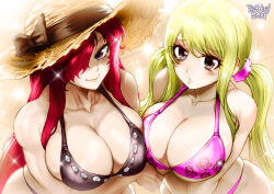 Rule 34 | 2girls, arm under breasts, bikini, blonde hair, blush, bow, breasts, brown eyes, cleavage, closed mouth, collarbone, derivative work, erza scarlet, fairy tail, hair over one eye, hat, hat bow, large breasts, long hair, looking at viewer, lucy heartfilia, comic panel redraw, multiple girls, parted lips, red hair, sidelocks, smile, straw hat, swimsuit, the golden smurf, toned, twintails