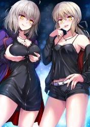 Rule 34 | 2girls, :q, ahoge, artoria pendragon (all), artoria pendragon (fate), bare shoulders, belt, black dress, black ribbon, blush, breast lift, breasts, camisole, cleavage, collarbone, cowboy shot, dress, fate/grand order, fate (series), fur trim, hair ribbon, jacket, jeanne d&#039;arc (fate), jeanne d&#039;arc (ruler) (fate), jeanne d&#039;arc alter (fate), jeanne d&#039;arc alter (ver. shinjuku 1999) (fate), jewelry, large breasts, long sleeves, looking at viewer, low ponytail, marugoshi (54burger), medium breasts, multiple girls, naughty face, necklace, official alternate costume, open clothes, open jacket, parted lips, ribbon, saber (fate), saber alter, saber alter (ver. shinjuku 1999) (fate), short dress, short shorts, shorts, silver hair, smile, tongue, tongue out, v-shaped eyebrows, yellow eyes
