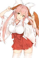 Rule 34 | 1girl, animal ear fluff, animal ears, bow, breasts, commentary request, contrapposto, cowboy shot, ears grab, fate/extra, fate (series), fox ears, fox tail, gluteal fold, hair between eyes, hair bow, hakama, hakama short skirt, hakama skirt, hand on own ear, head tilt, highres, japanese clothes, kimono, large breasts, long hair, looking at viewer, miko, pink hair, pulling own ear, red skirt, ribbon-trimmed sleeves, ribbon trim, silver (chenwen), simple background, skirt, smile, solo, standing, tail, tamamo (fate), tamamo no mae (fate/extra), thighhighs, twintails, very long hair, white background, white bow, white thighhighs, wide sleeves, yellow eyes