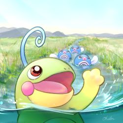 Rule 34 | black eyes, blue sky, commentary request, creature, creatures (company), day, evolutionary line, game freak, gen 1 pokemon, gen 2 pokemon, grass, looking up, nintendo, no humans, ohdon, outdoors, pokemon, pokemon (creature), politoed, poliwag, red eyes, river, signature, sky