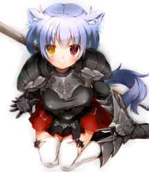 Rule 34 | 10s, 1girl, absurdres, animal ears, armor, armored boots, blue hair, blush, boots, cat ears, final fantasy, final fantasy xiv, heterochromia, highres, long hair, looking at viewer, miqo&#039;te, ootomoyuuki, red eyes, sitting, smile, solo, tail, tarao77, warrior of light (ff14), white legwear, yellow eyes