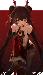 Rule 34 | 1girl, absurdres, asymmetrical clothes, bare shoulders, black pantyhose, black survival, bottle, breast curtains, breasts, brown hair, chinese clothes, cleavage, collarbone, double bun, eternal return: black survival, fake antlers, gourd, hair bun, highres, jug (bottle), li dailin, long hair, looking at viewer, official alternate costume, open mouth, pantyhose, red background, saliva, small breasts, solo, takealook, thighs, tongue, twintails, very long hair, yellow eyes
