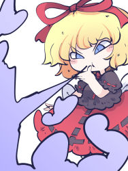 Rule 34 | 1girl, black shirt, blonde hair, blue eyes, blush stickers, chahan (fried rice0614), frilled sleeves, frills, hair ribbon, highres, medicine melancholy, one-hour drawing challenge, open mouth, red ribbon, red skirt, ribbon, shirt, short hair, short sleeves, simple background, skirt, solo, touhou, white background