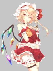 Rule 34 | 1girl, absurdres, adapted costume, bad anatomy, bare shoulders, black choker, blonde hair, bloomers, breasts, choker, commentary request, cowboy shot, crystal, detached sleeves, dress, eyes visible through hair, flandre scarlet, grey background, hands up, hat, highres, holding, holding own hair, looking at viewer, midriff, miniskirt, mob cap, one side up, open mouth, orange eyes, red dress, red skirt, ribbon trim, sakusyo, simple background, skirt, small breasts, solo, strapless, strapless dress, thigh strap, touhou, underwear, wings, wrist cuffs