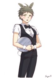 Rule 34 | 1boy, ahoge, alternate costume, animal ears, artist name, black pants, blush, bow, bowtie, brown hair, commentary request, danganronpa (series), green eyes, grey background, hinata hajime, looking at viewer, lower teeth only, male focus, open mouth, pants, rabbit boy, rabbit ears, rabbit tail, shirt, short hair, simple background, solo, songmil, tail, teeth, vest, white background, wrist cuffs